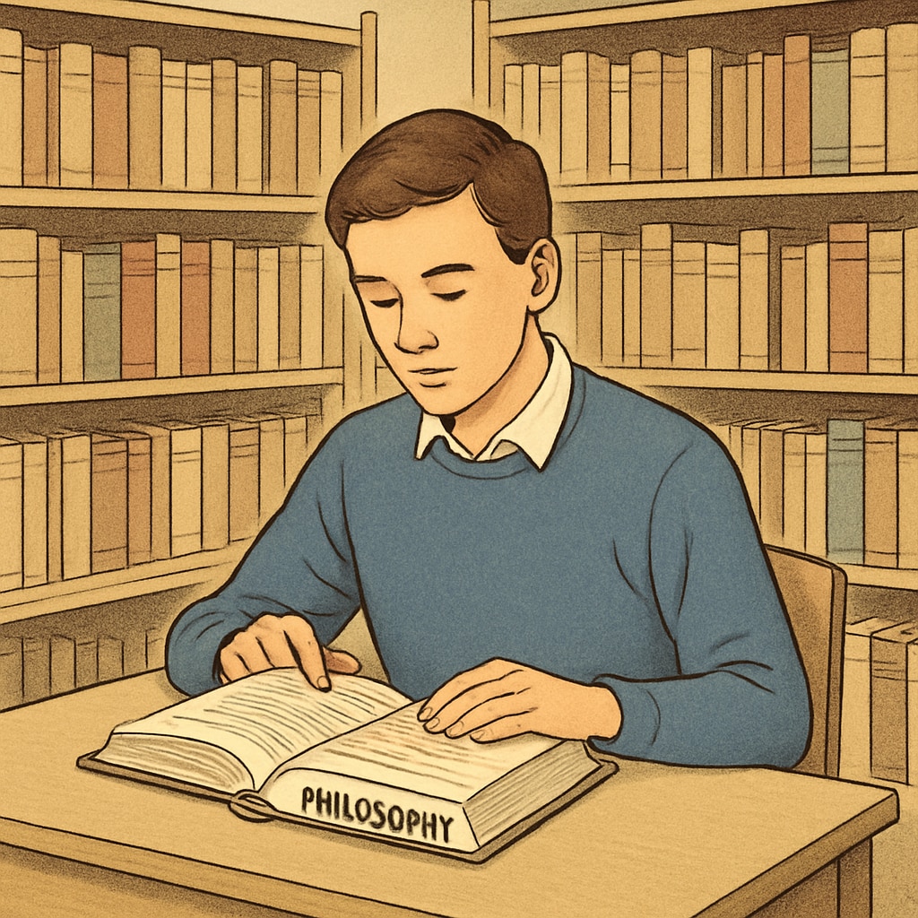 A student reading a philosophy book in a library, representing the pursuit of amateur learning and critical thinking. Student exploring philosophy through self-guided learning.