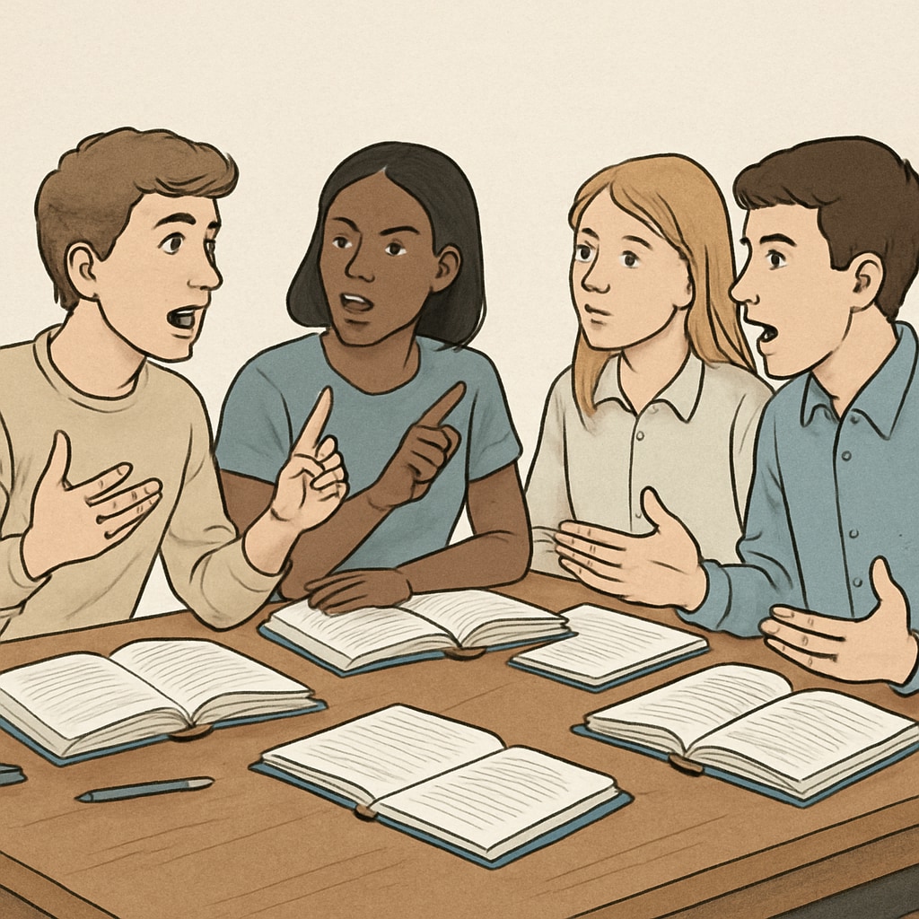 A group of students engaged in a lively discussion or debate, symbolizing philosophical inquiry. Students debating philosophical and psychological concepts in a classroom setting.
