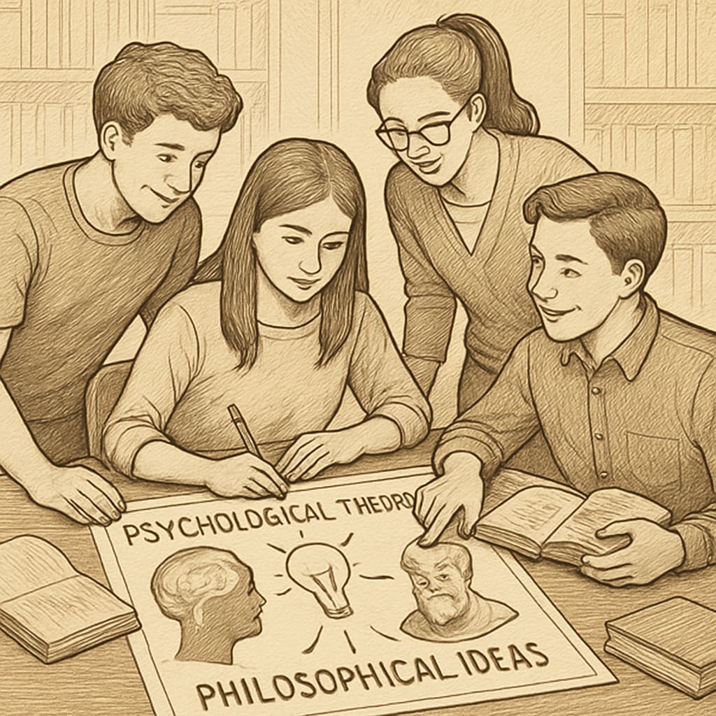 Students working together on a creative project related to psychological theories or philosophical ideas. Students collaborating on projects inspired by psychology and philosophy.