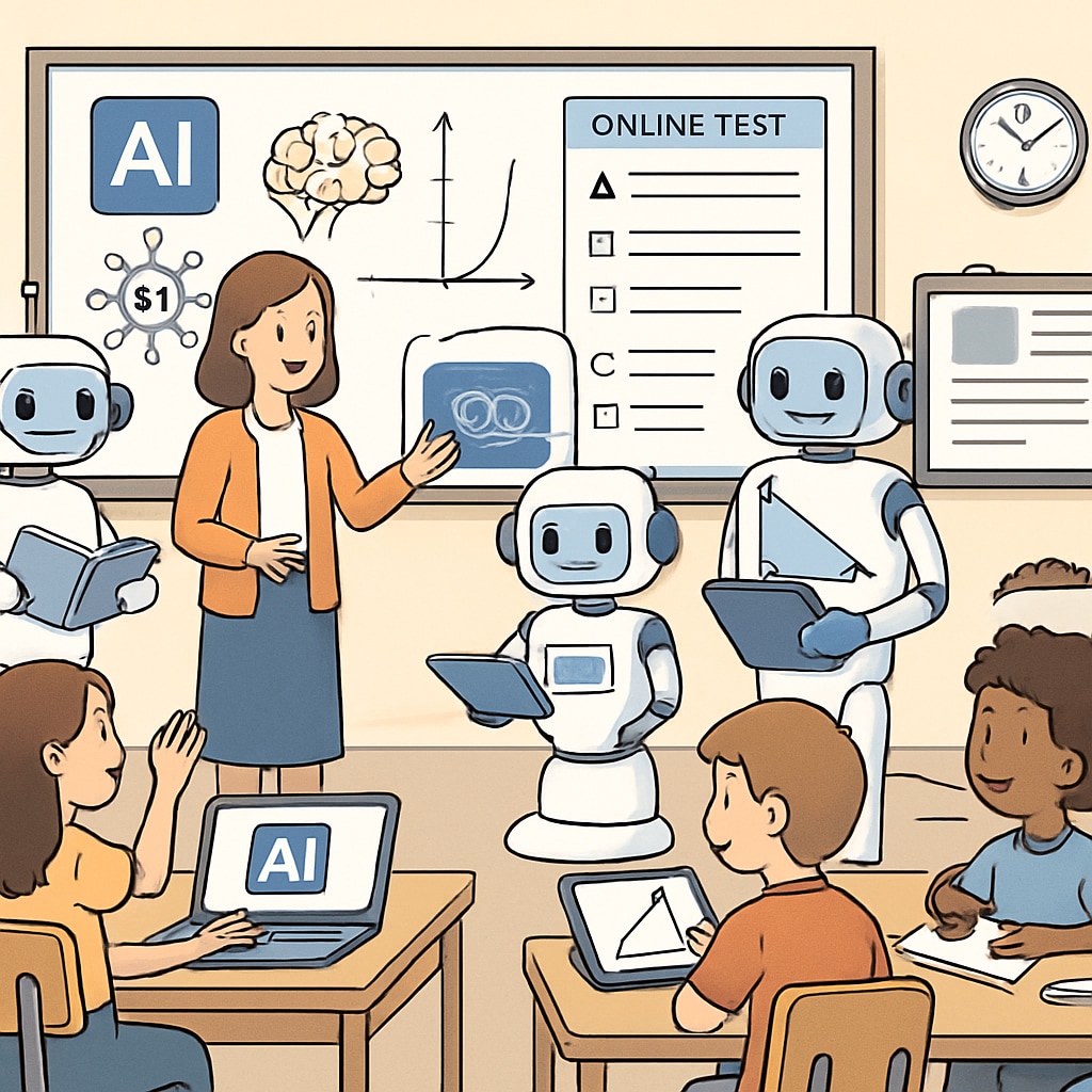 A classroom equipped with AI-driven tools, including interactive screens and robotic teaching assistants, illustrating the integration of AI into modern education. AI-driven classroom tools transforming school education