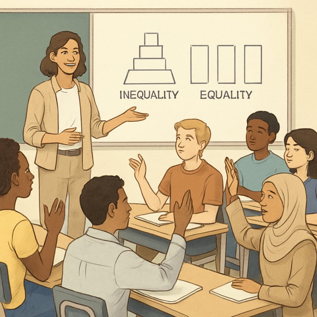 A diverse classroom setting where students engage in a discussion about societal structures and equality. Students in a classroom discussing societal structures with a focus on equality and inclusion.