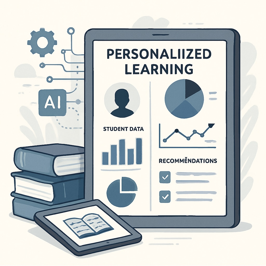 A visual representation of AI-powered personalized learning platforms analyzing student data to recommend tailored educational content. AI-powered personalized learning tools analyzing student data for tailored educational recommendations.