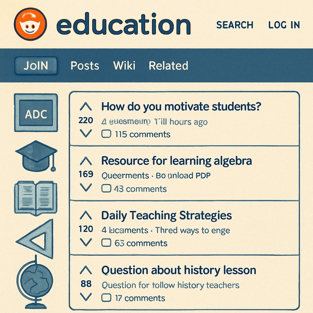 An engaging screenshot of a popular Reddit education subreddit, showing active discussions and resource-sharing among users. Screenshot of a Reddit education subreddit with active discussions and resource-sharing.