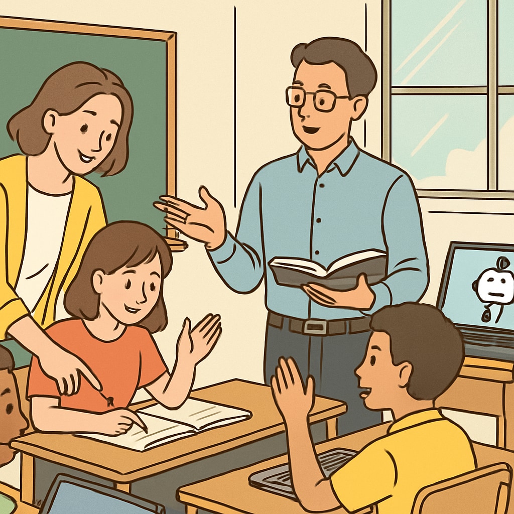 A classroom setting where teachers act as facilitators, supported by AI technologies handling administrative tasks. Teachers facilitating learning in a classroom with AI handling administrative tasks.