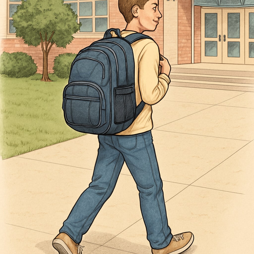 A student walking on campus with a spacious backpack featuring multiple compartments. College student wearing a practical backpack with organized storage.