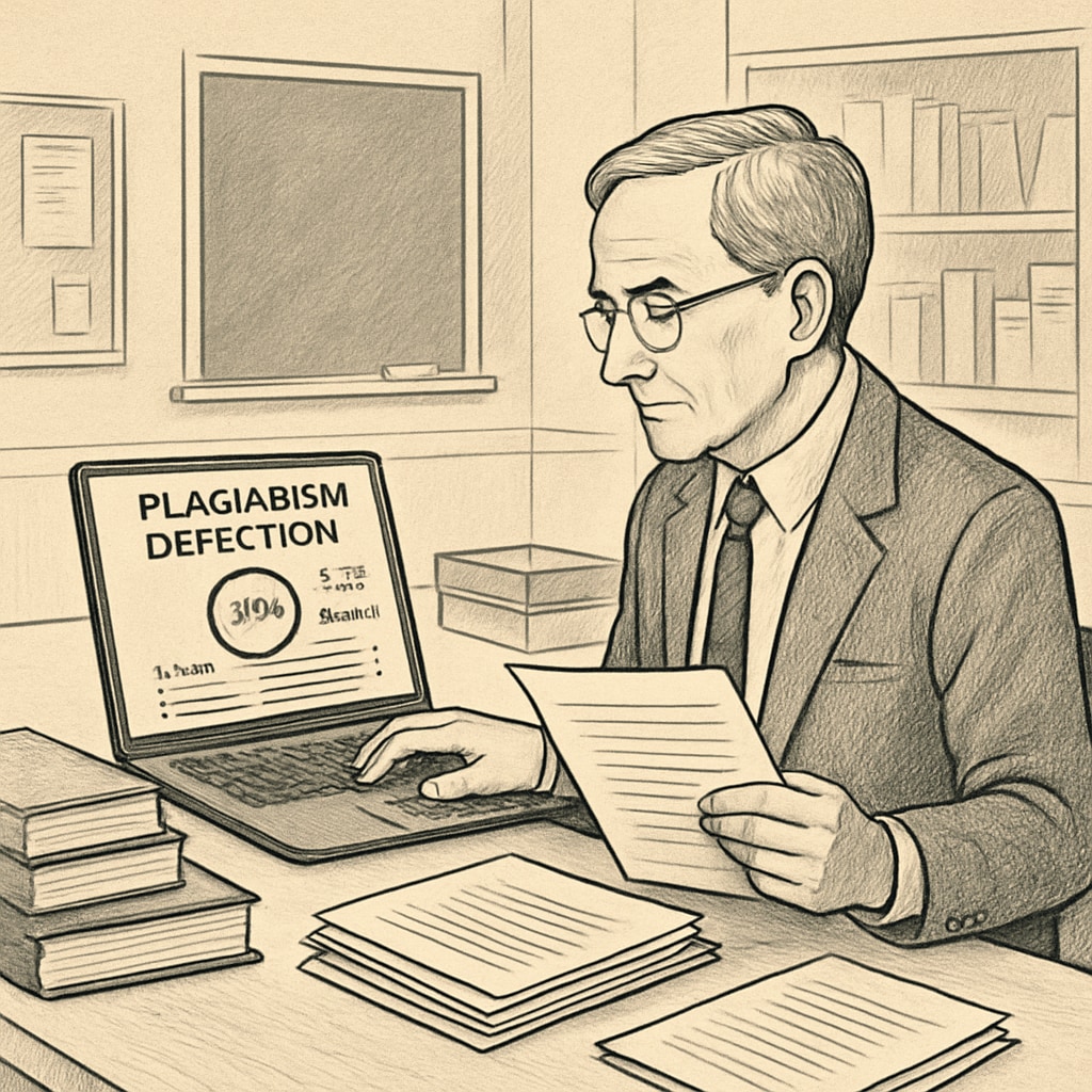 A professor analyzing student assignments with plagiarism detection software displayed on a laptop screen. The image highlights the technology often used to assess originality in academic work. Professor reviewing assignments with plagiarism detection software to ensure academic integrity.