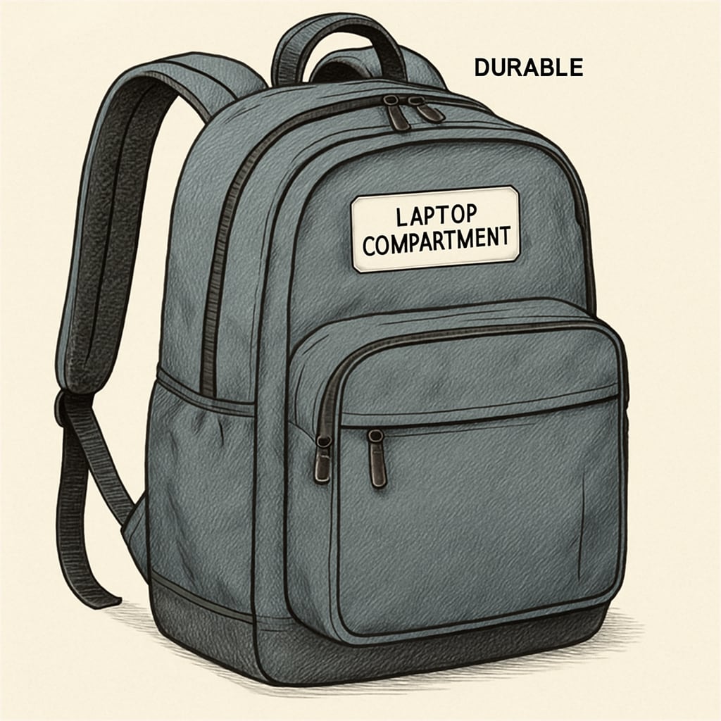Close-up of a sturdy, affordable college backpack with a laptop compartment and padded shoulder straps. Affordable college backpack with laptop storage and ergonomic straps.