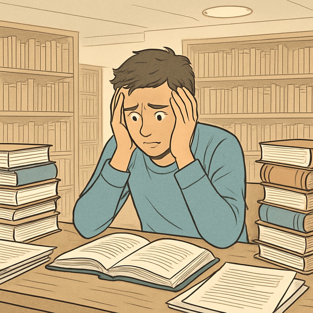 A distressed student in a library surrounded by coursework, representing the emotional impact of false plagiarism accusations. Student overwhelmed by false plagiarism accusations in an academic setting.