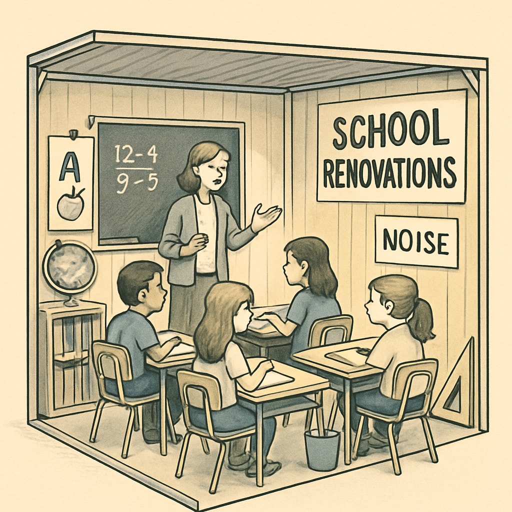 A temporary classroom setup with students in a smaller learning environment, showcasing the impact of reduced space during school renovations. Temporary classroom setup during campus renovations impacting elementary education