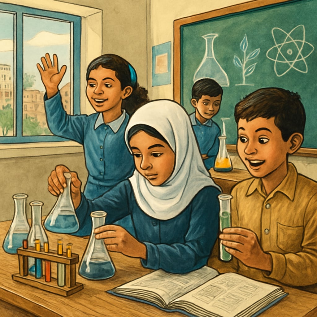 Gaza classroom with students conducting science experiments for education rebuilding.