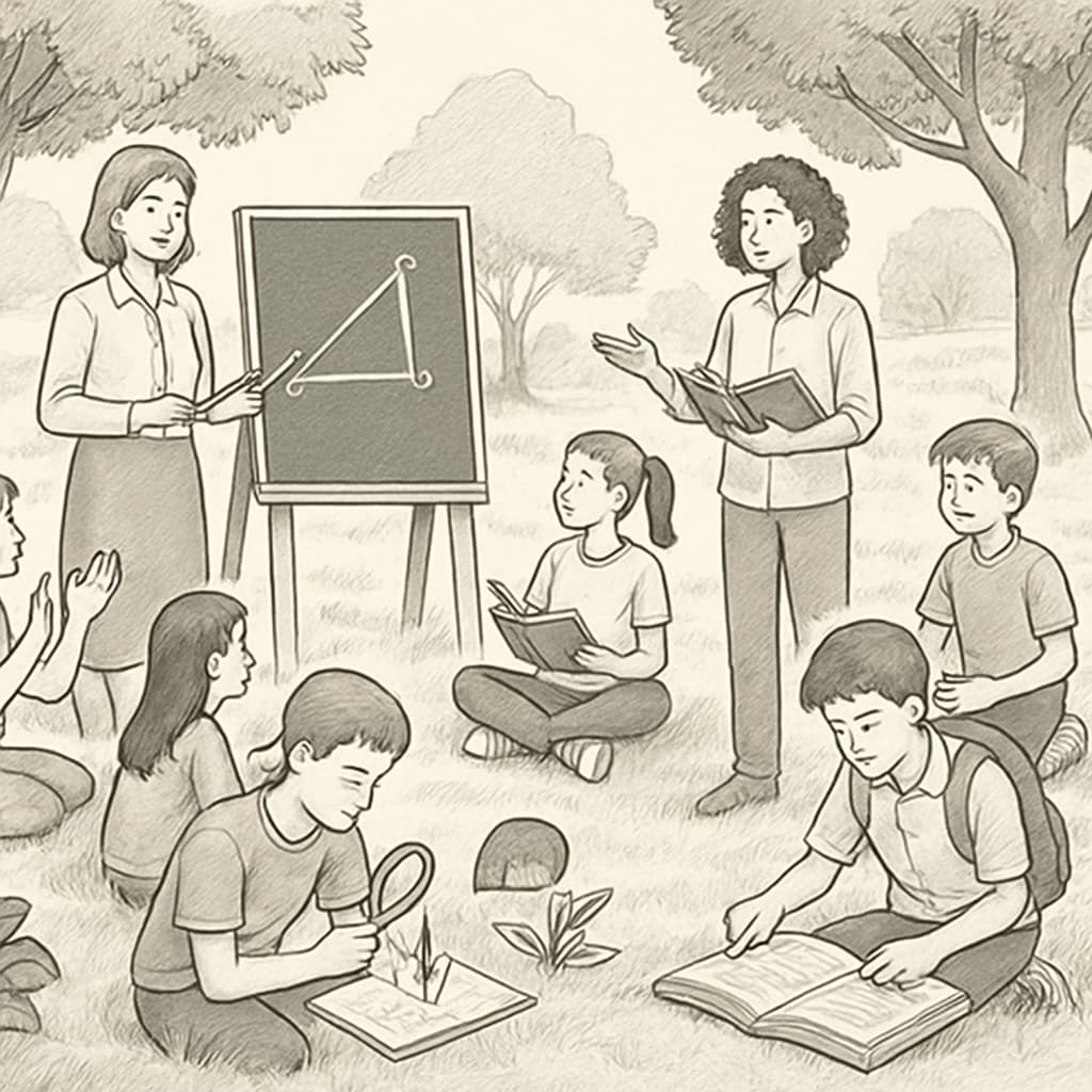 An outdoor learning session in progress, with students and teachers engaging in activities outside traditional classroom settings. Outdoor learning during campus renovations for elementary students
