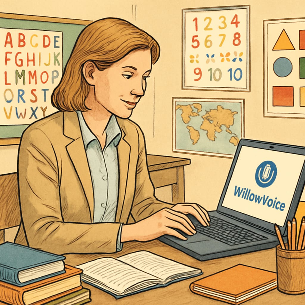 Teacher using WillowVoice software for efficient classroom management and transcription.