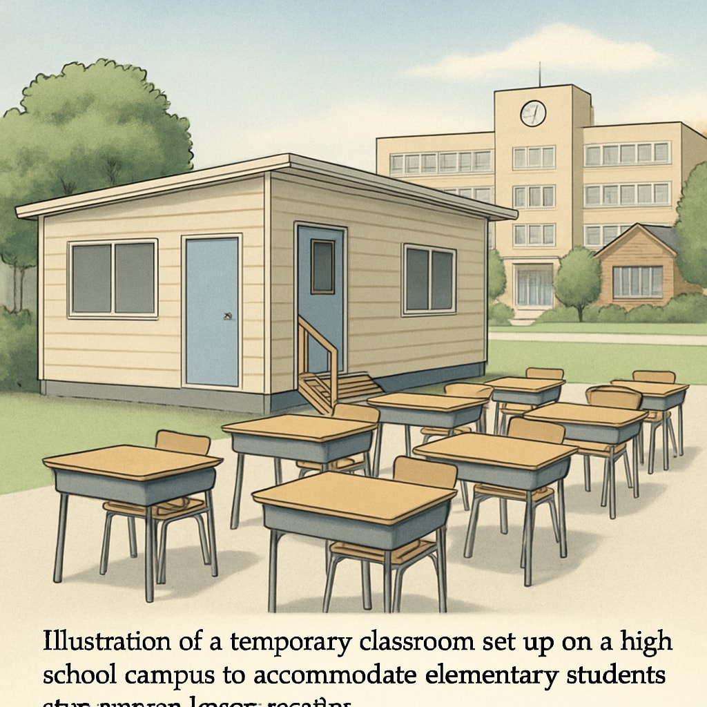 A temporary classroom set up on a high school campus to accommodate elementary students during school construction. Temporary classroom for elementary students during school relocation.