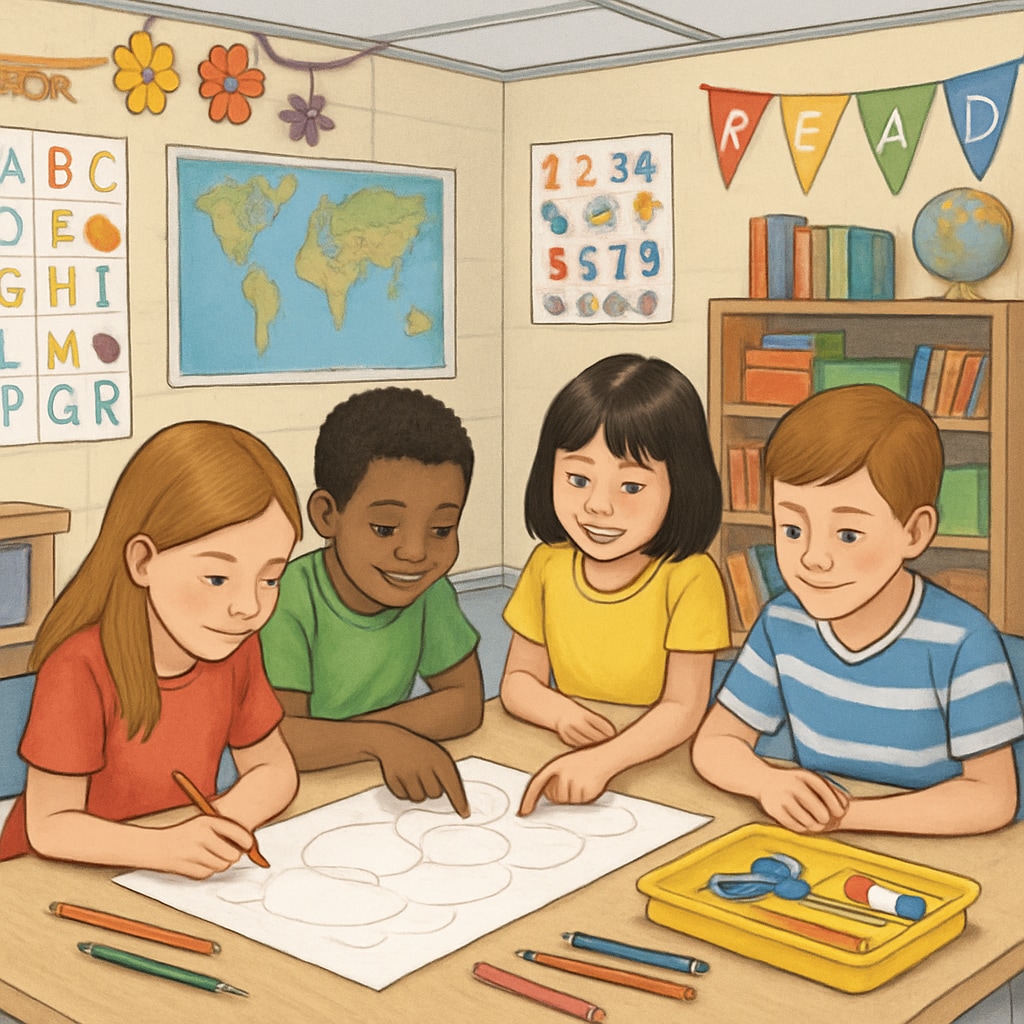 A group of elementary students engaging in a collaborative activity inside a well-decorated temporary classroom. Elementary students collaborating in a temporary classroom environment.