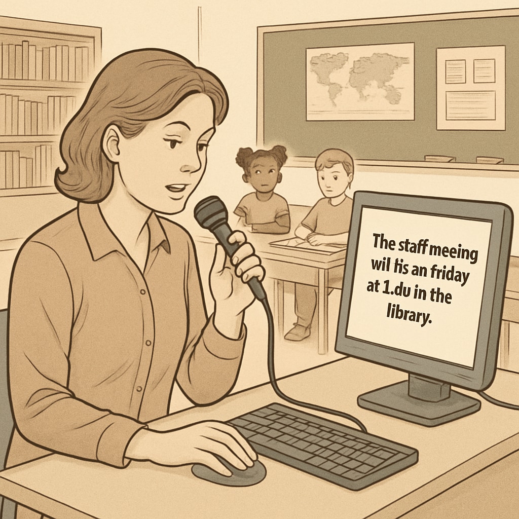 A teacher using a speech-to-text tool in a classroom setting, typing less and speaking more to complete administrative tasks. A teacher utilizing speech-to-text technology to simplify classroom administrative tasks.