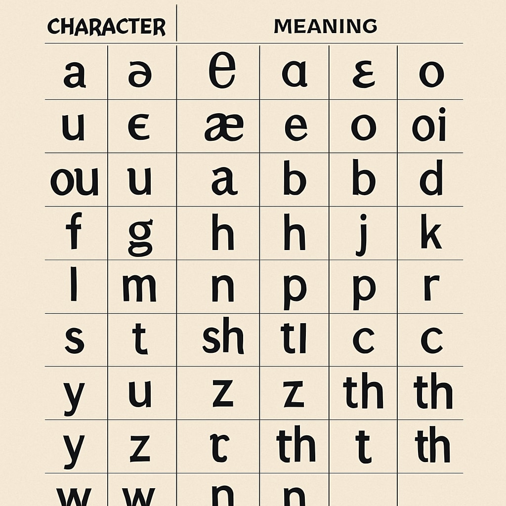 Initial Teaching Alphabet chart with phonetic symbols and their meanings.