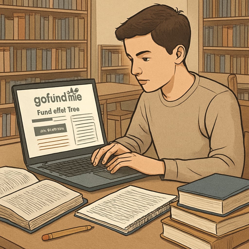 A student viewing a GoFundMe page for tuition support on a laptop.