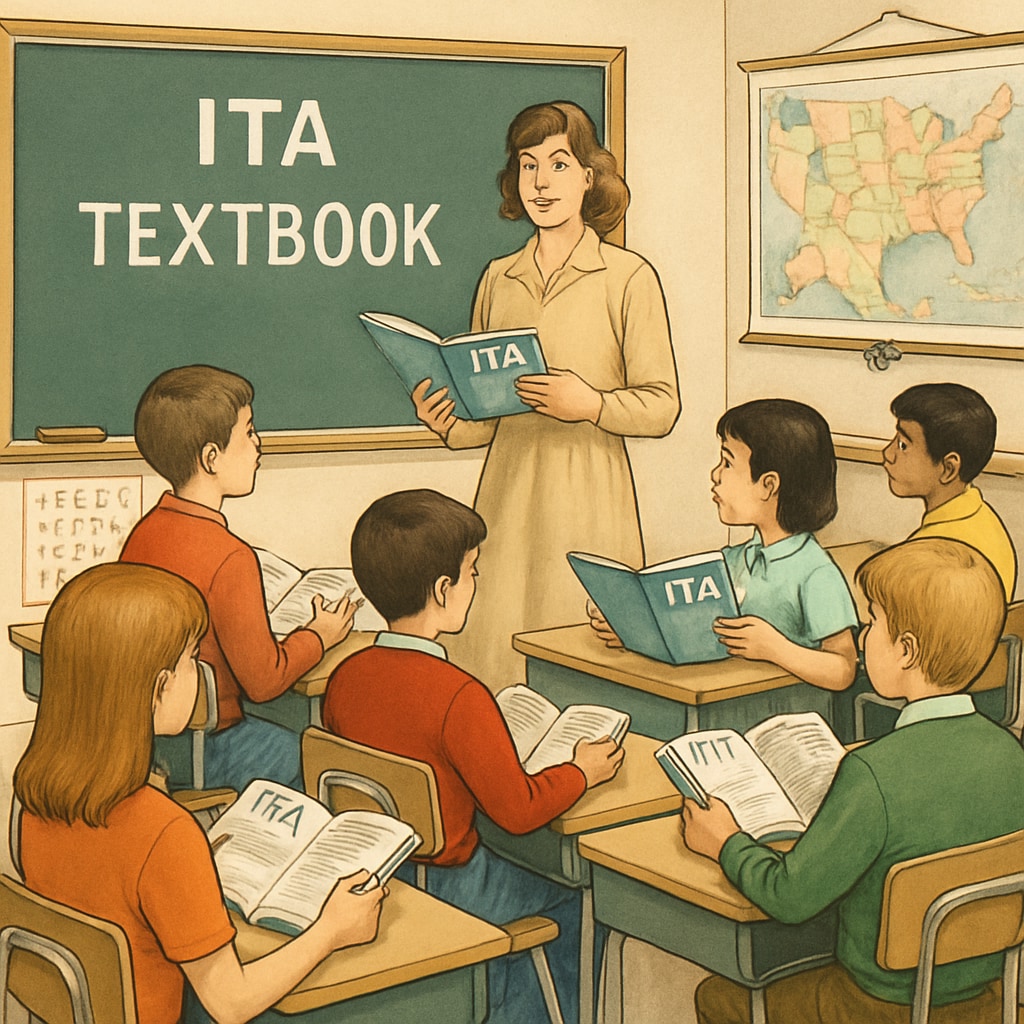 A classroom in the 1970s with students using ITA textbooks, showcasing the teaching environment and materials. 1970s classroom with students learning ITA, using textbooks and other materials.