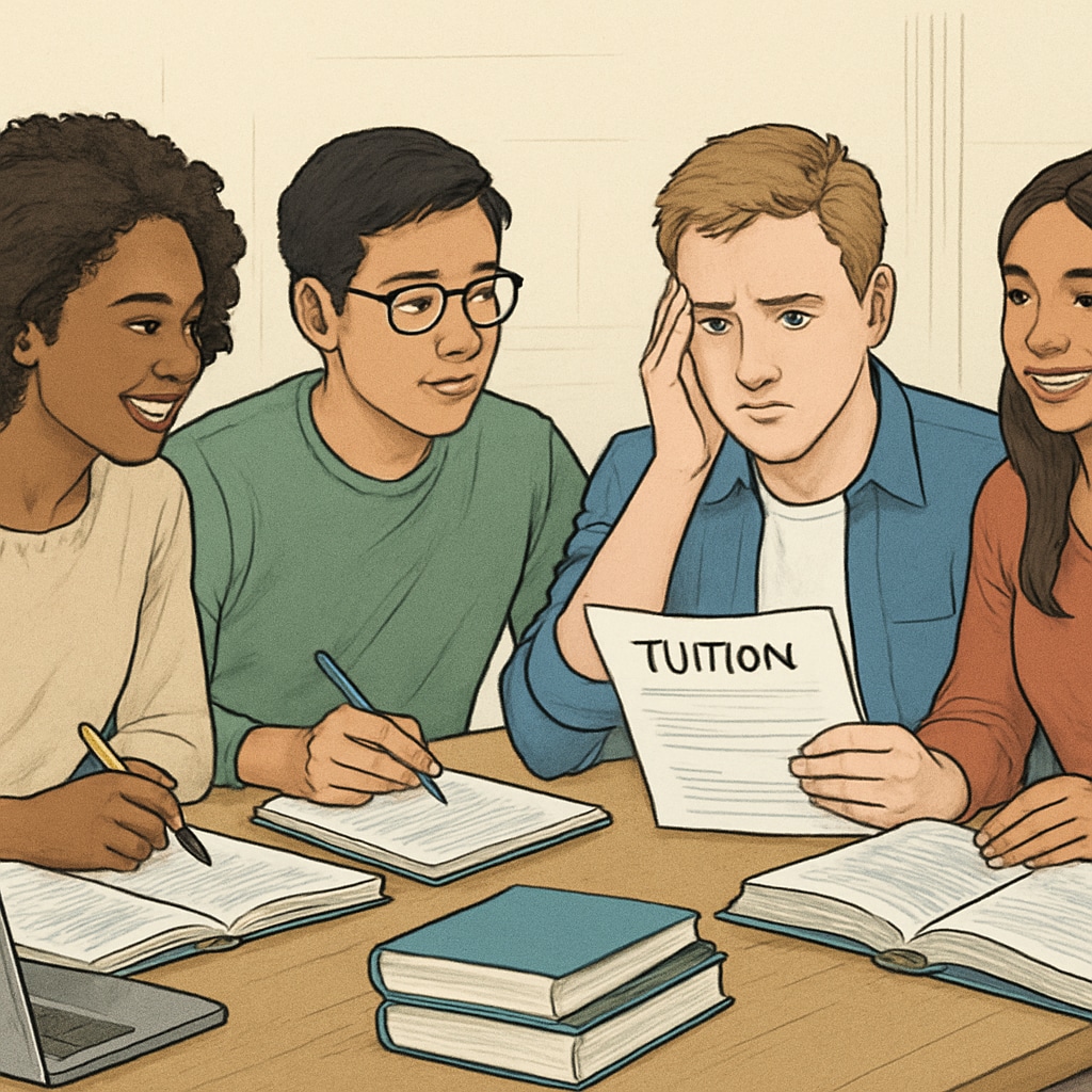 A group of diverse college students studying together, with one student visibly worried about tuition-related paperwork. Students discussing tuition struggles and financial planning.