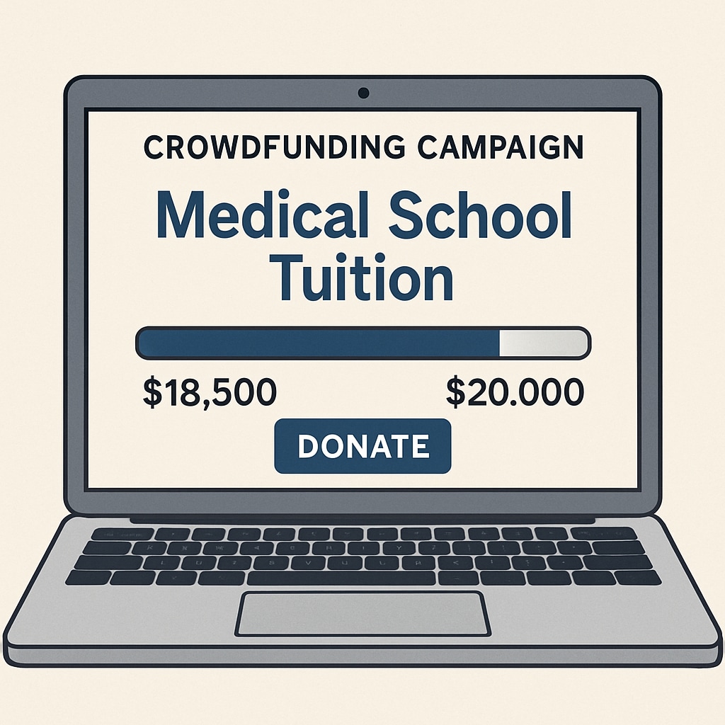 A laptop screen showing a crowdfunding campaign for a student’s medical school tuition, with a progress bar nearing completion. Crowdfunding campaign for medical school tuition.