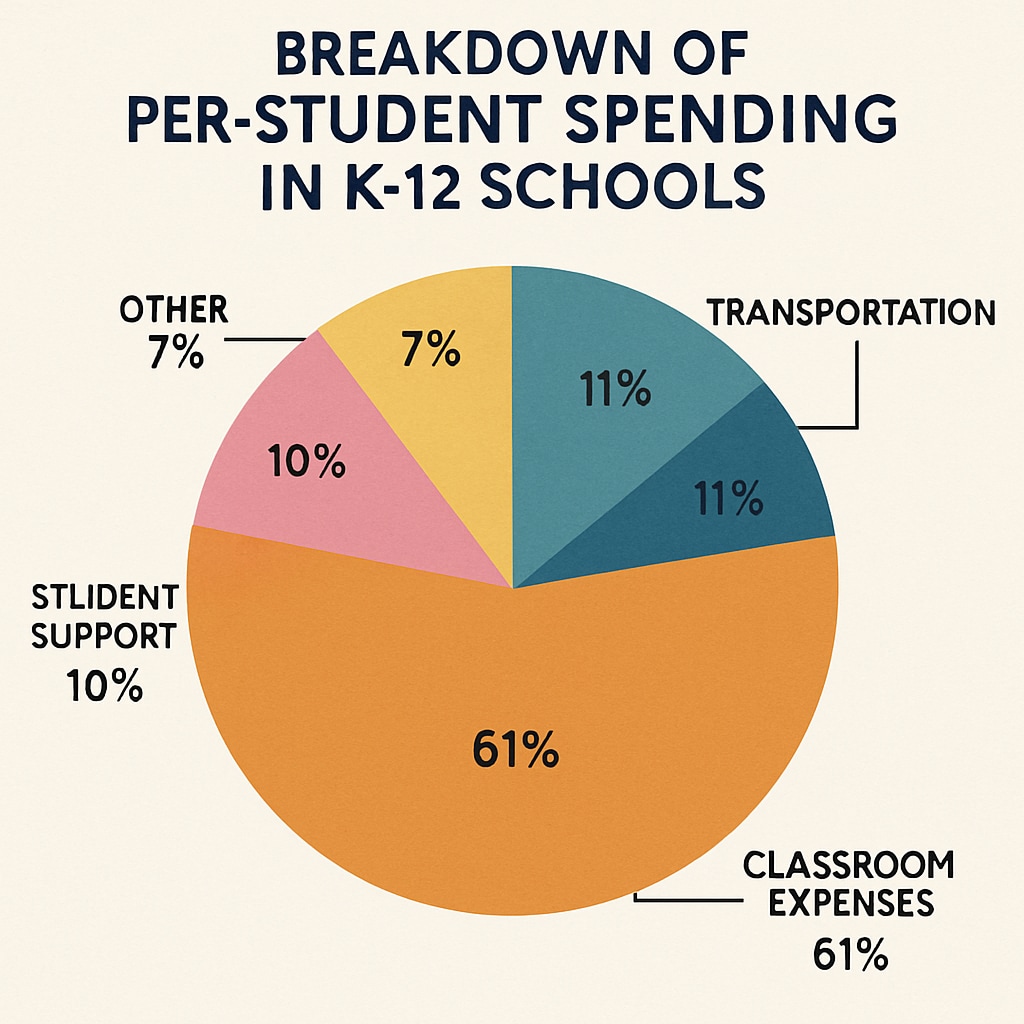 A chart showing the breakdown of per-student spending in K-12 schools, including categories like transportation, administration, and classroom expenses. Per-student spending breakdown chart in K-12 schools