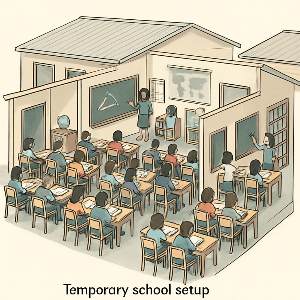 Temporary school reconstruction with limited space affecting students' learning.