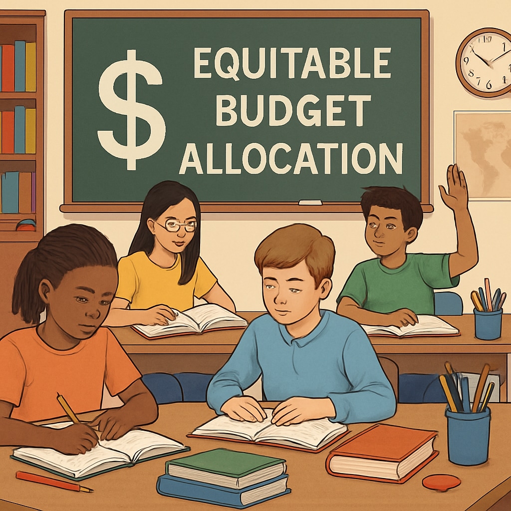 A classroom with students and visible resources, illustrating the importance of equitable budget allocation. Classroom resources and students emphasizing budget equity