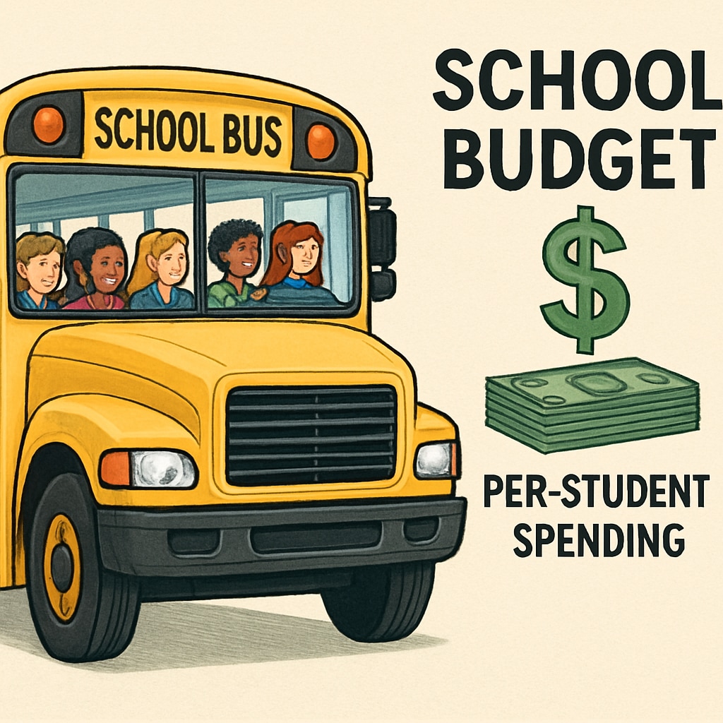 A school bus transporting students, illustrating the cost implications for school budgets and per-student spending. School bus expenses and their impact on per-student spending in school budgets.