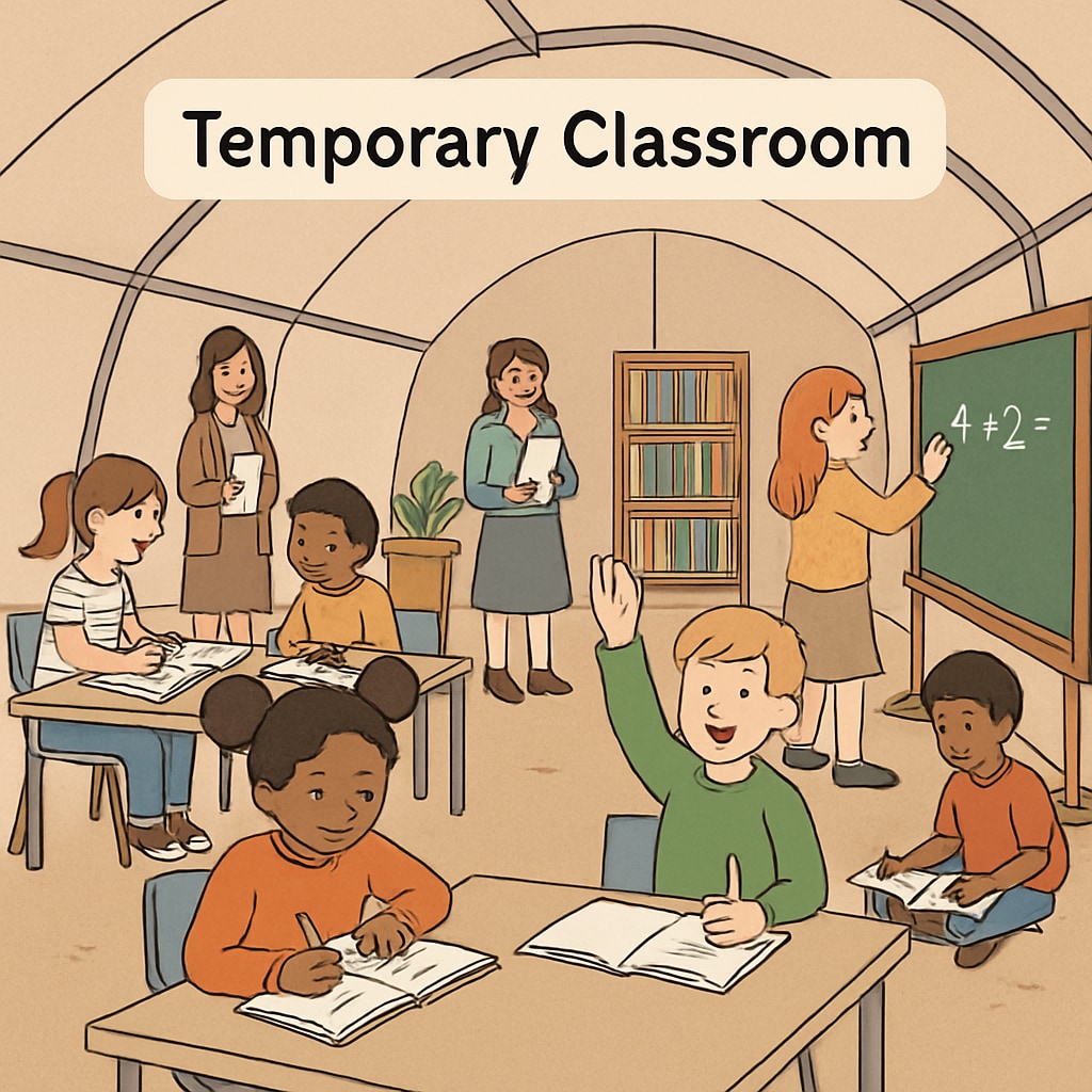 A temporary classroom setup with elementary students engaged in activities, illustrating the adjustment to a new school environment. Temporary classrooms for elementary students adjusting to new school environments.