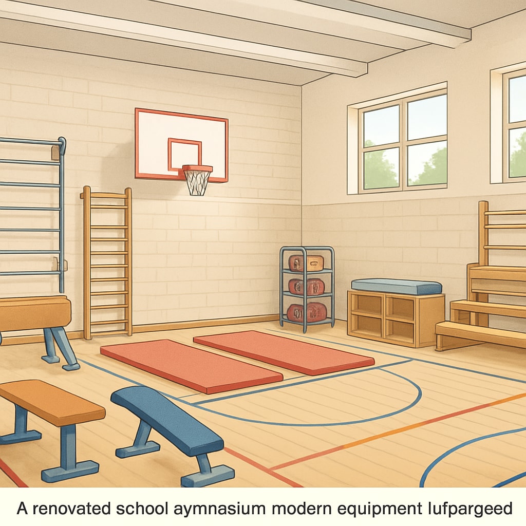 A renovated school gymnasium, showcasing how indirect costs like facility upgrades affect school funding metrics. School gym renovations and their role in distorting per-student spending data.