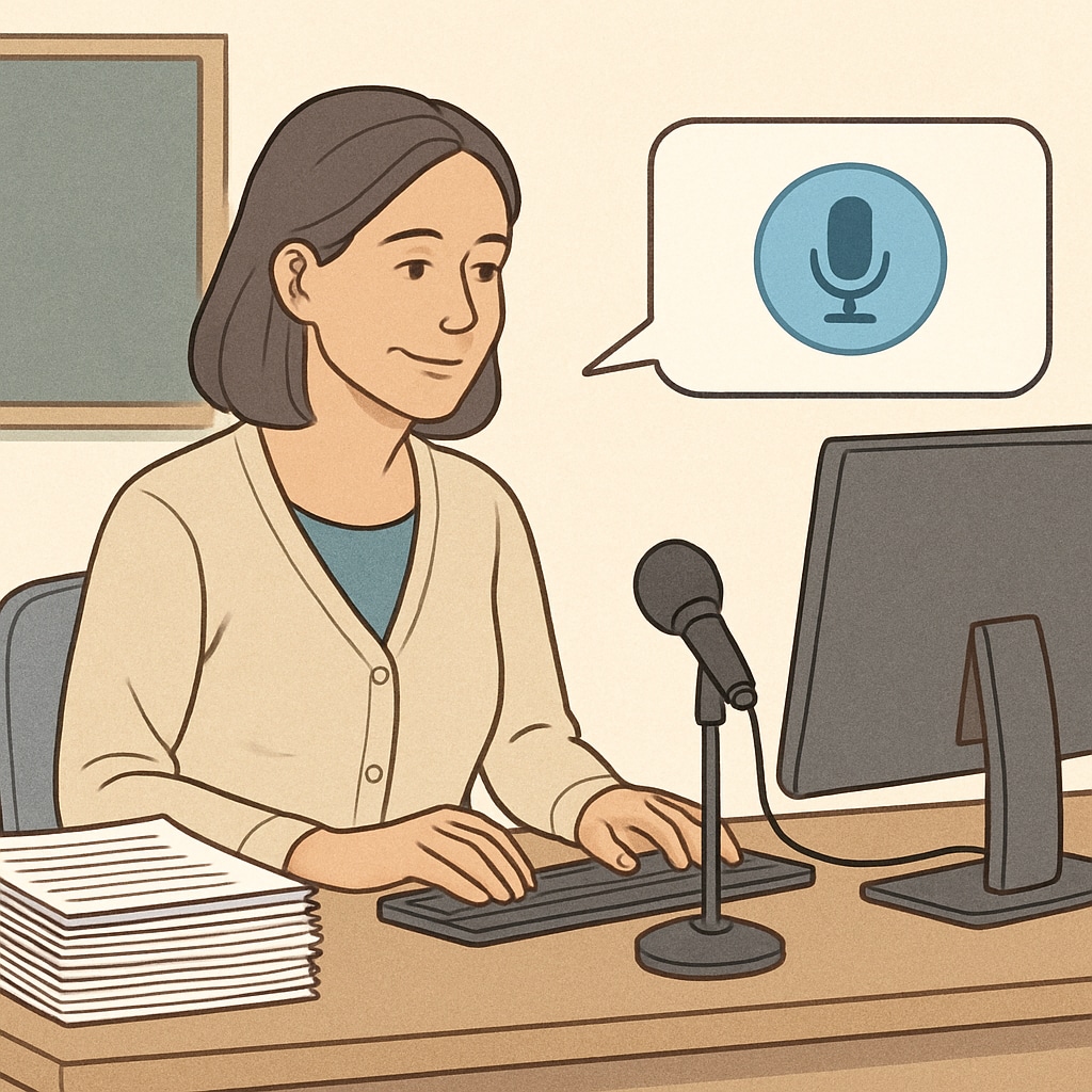 A teacher using a voice-to-text tool to provide feedback on student essays, illustrating the efficiency of real-time transcription. Teacher using voice-to-text technology for educational feedback and efficiency.