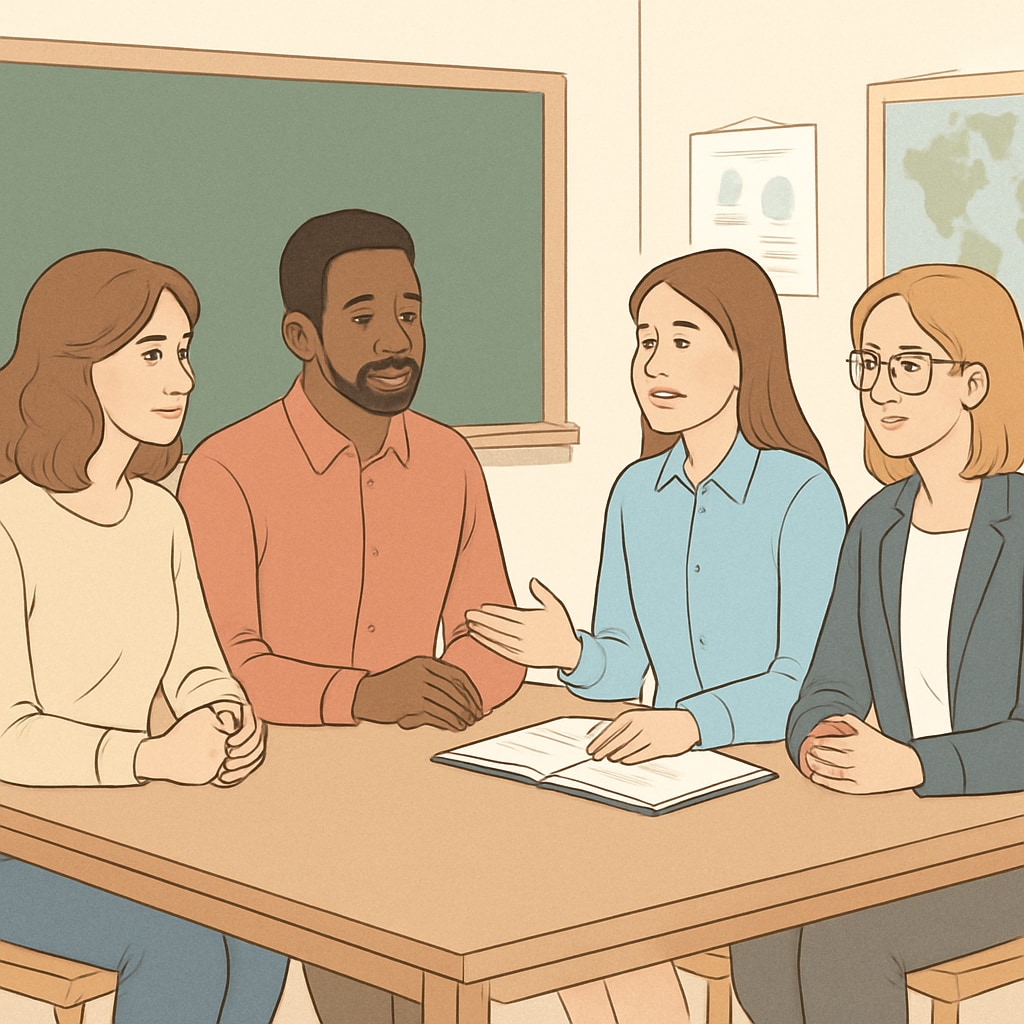 A parent-teacher meeting discussing strategies to ease student transitions, highlighting the importance of collaboration. Parents and teachers collaborating on strategies for student adaptation to new environments.