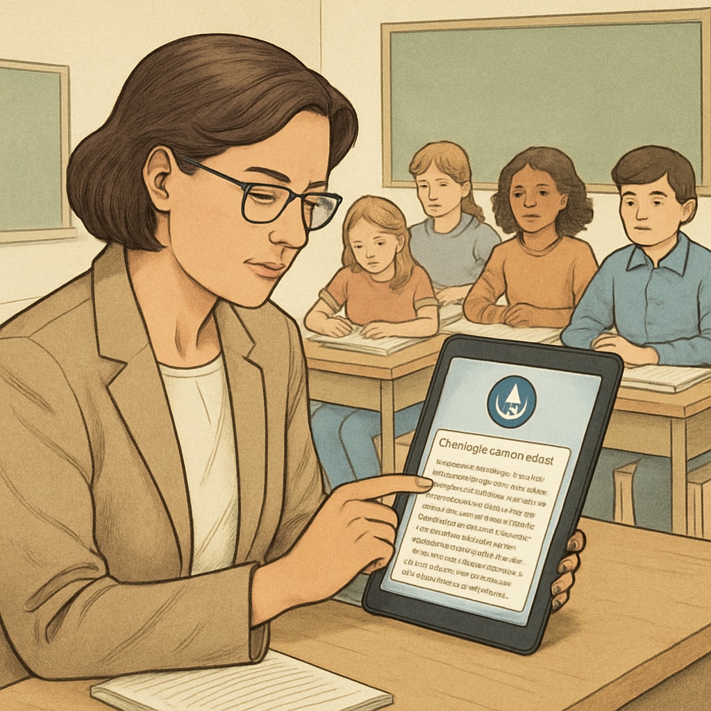 A teacher using a voice-to-text app on a tablet during a classroom observation, capturing real-time notes for later review. Teacher using a voice-to-text app for classroom observation documentation.