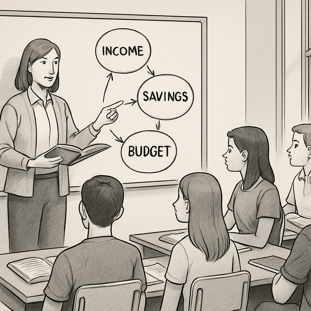A teacher explaining personal finance concepts to high school students in a classroom. High school students learning about financial literacy from a teacher.