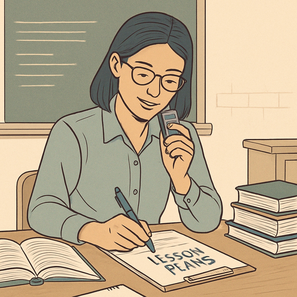 Teacher utilizing voice-to-text technology to enhance lesson planning efficiency in education.