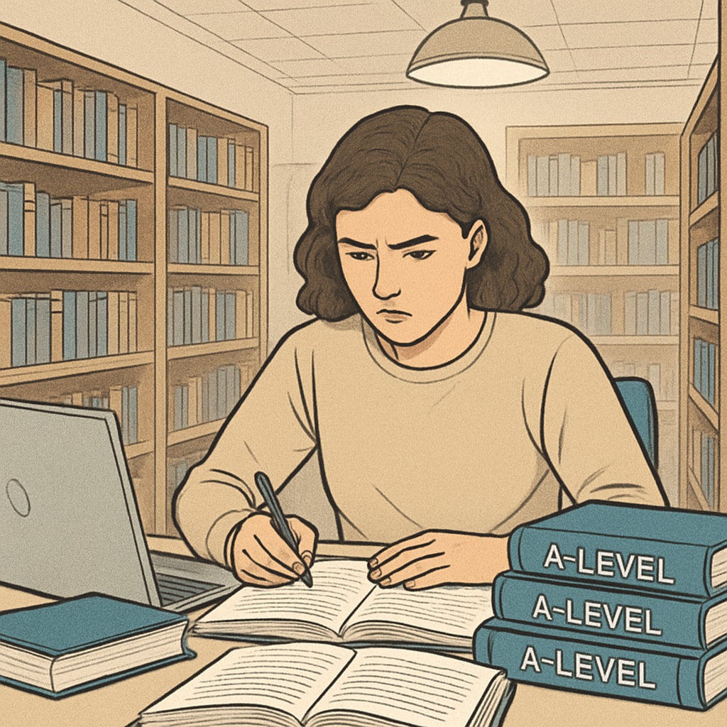A student revising for retaken A-level exams in a library setting. The image shows a focused individual with textbooks and a laptop. Student studying for A-level retakes in a library.