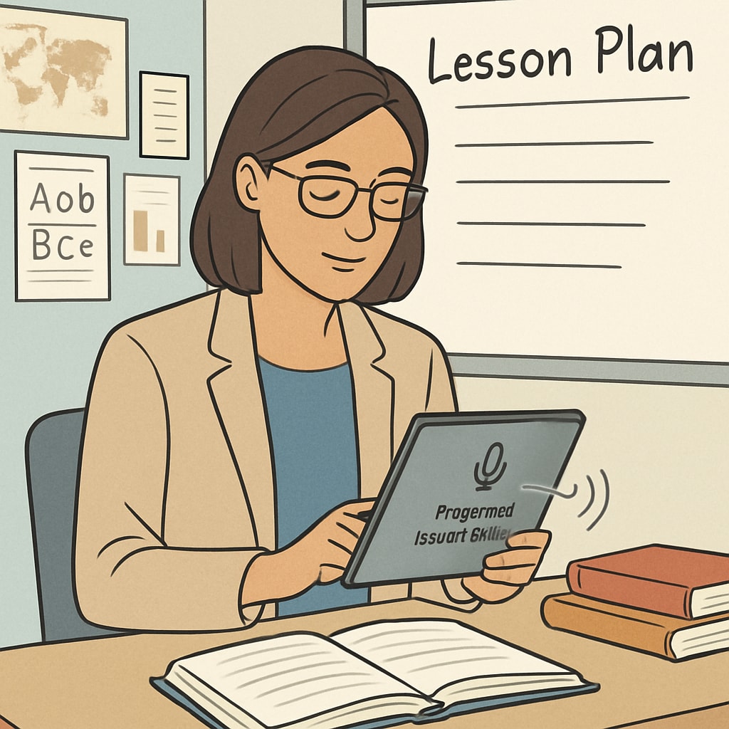 A teacher using a speech-to-text tool on a tablet to prepare lesson plans in a classroom setting. Teacher using WillowVoice speech-to-text tool to enhance teaching efficiency.