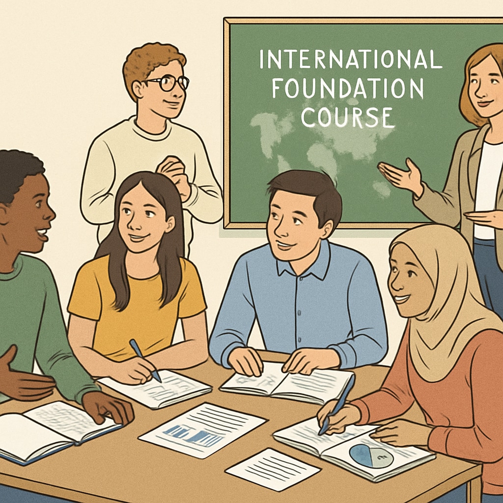 A diverse group of students attending an international foundation course seminar. The image highlights a collaborative learning environment. Students participating in an international foundation course seminar.