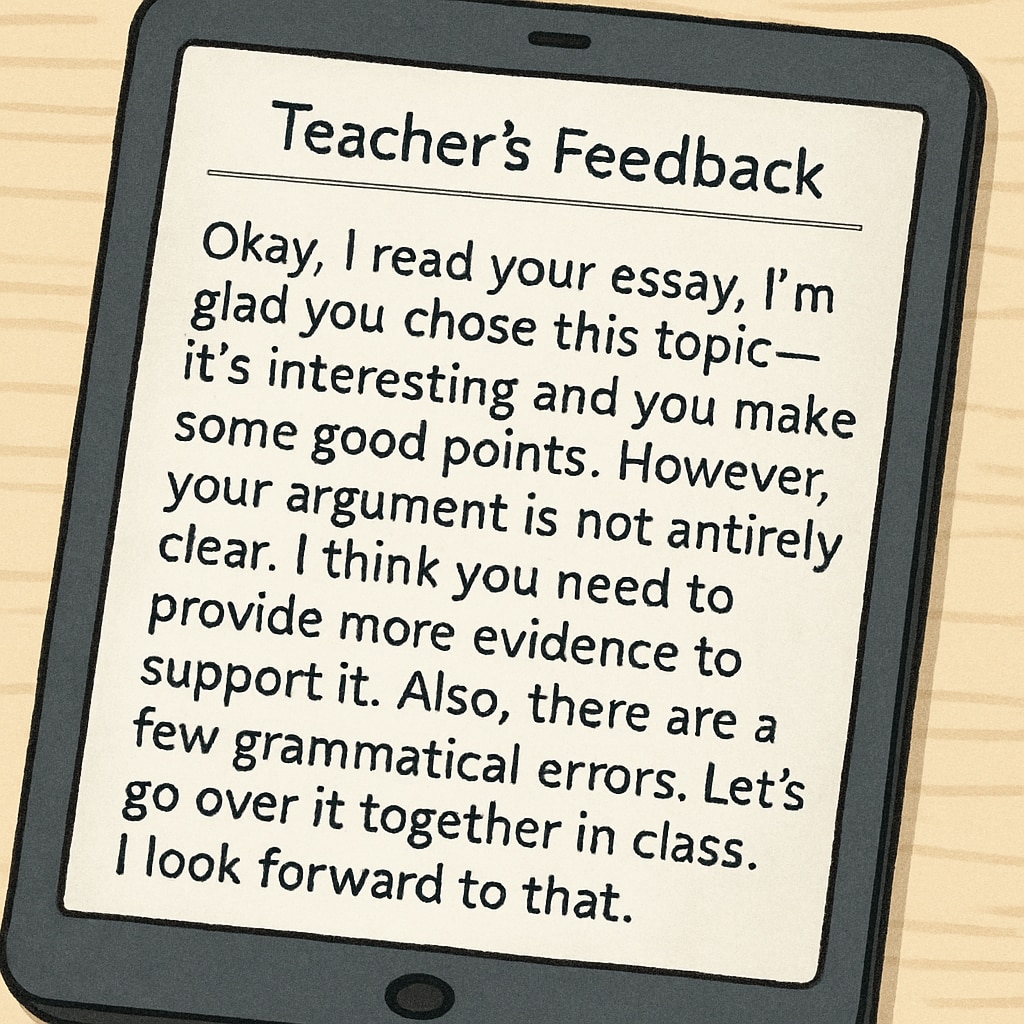 A close-up of a tablet screen showing a teacher’s transcribed feedback on a student essay, using a speech-to-text tool. Teacher providing student feedback using WillowVoice speech-to-text technology.