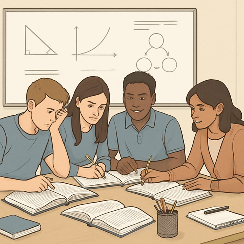 A group of students studying together for A-Level exam retakes, showcasing determination and teamwork. Students preparing for A-Level exam retakes in a collaborative environment.