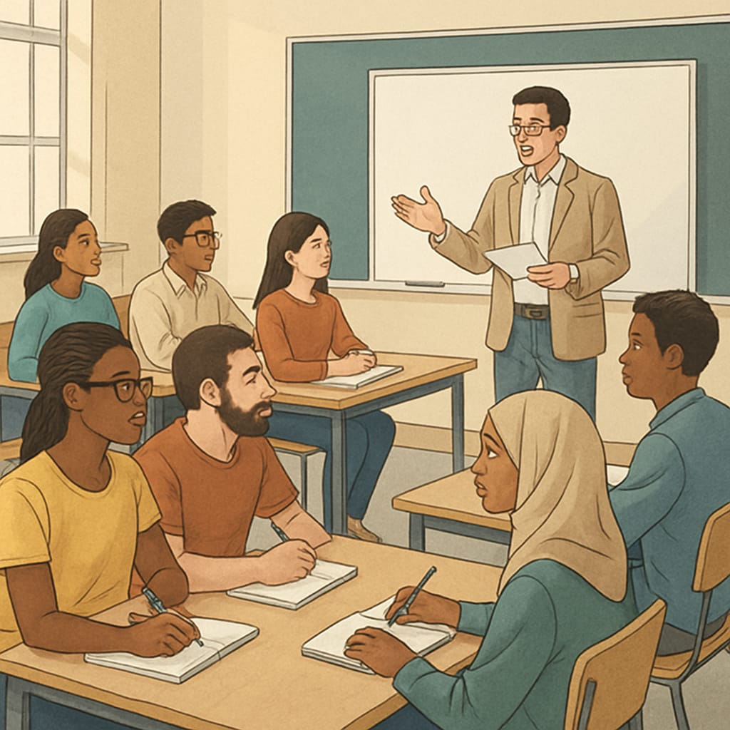 A diverse group of students attending a lecture at a lower-ranking university, illustrating inclusivity and academic growth. Students attending a lecture at a lower-ranking university.