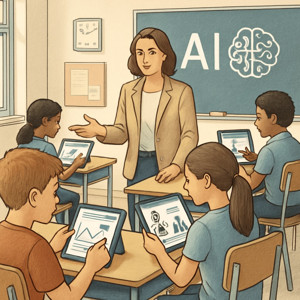 A classroom setting where students use AI-driven tools such as tablets and adaptive learning platforms. AI tools in education, competitive exams, and talent evaluation in K12 settings.