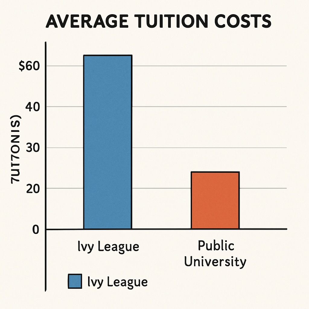 A breakdown chart comparing average tuition costs of Ivy League schools versus public universities, highlighting disparities. Chart comparing Ivy League tuition with public universities.