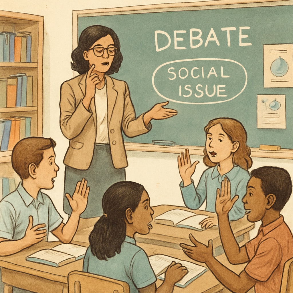 A teacher guiding students in a debate about a social issue, encouraging critical thinking and diverse perspectives. Teacher fostering critical thinking by leading a student debate on social issues.