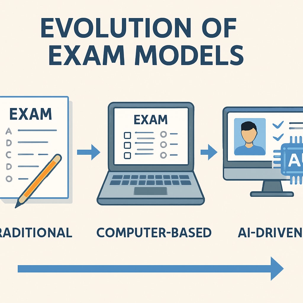 An infographic showing the evolution of exam models from traditional methods to AI-driven evaluations. Evolution of competitive exams in the AI era, highlighting diversified evaluation.
