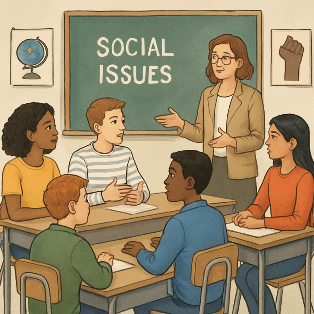 A diverse group of students participating in a school discussion about social issues. Diverse students discussing social issues in a school setting.