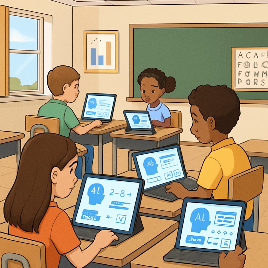A classroom using AI-driven learning platforms to personalize education for students. AI in K12 education personalized learning platform helping students.
