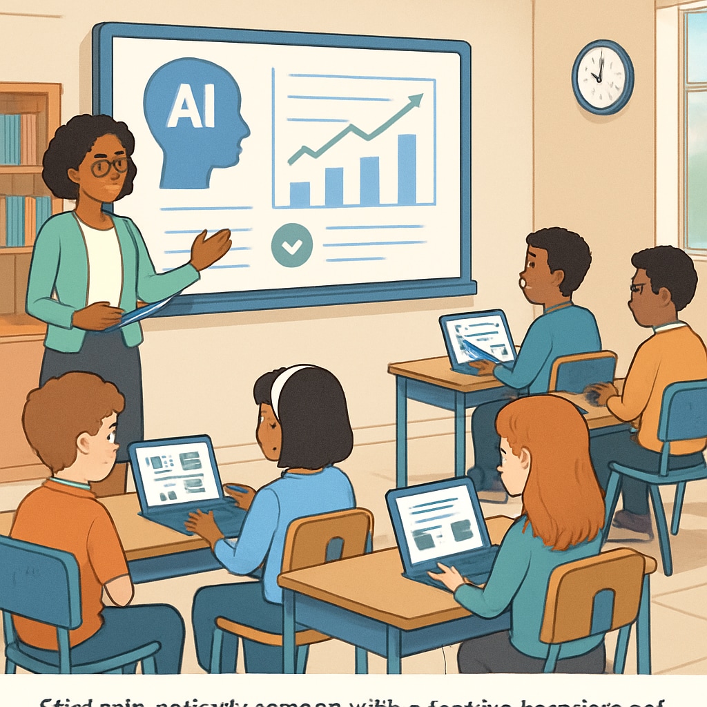 An AI-driven classroom showing students engaged with adaptive learning software, illustrating personalized learning in action. AI-powered classroom with students using adaptive learning tools