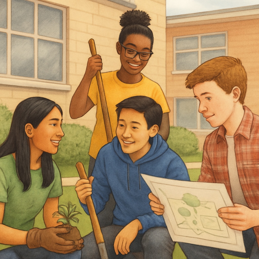 Canadian K12 students working together on a community-focused activity.