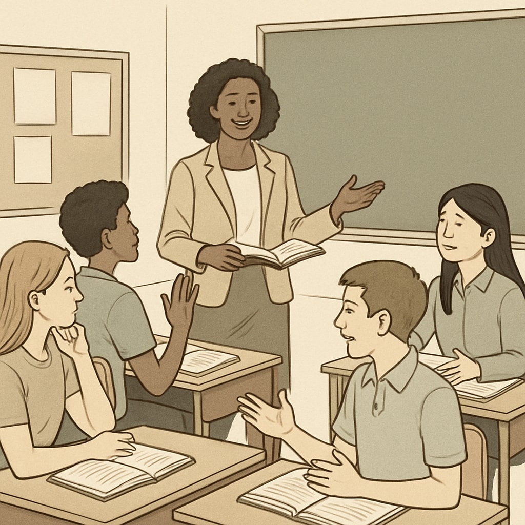 A teacher facilitating a classroom discussion, encouraging diverse student perspectives. Teacher leading a discussion with students sharing varied perspectives.